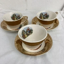 Set 3 Vintage King Quality Fine Colonial Couple Gold 22k US 1960 Cups And Saucer
