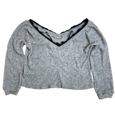 SHEIN Grey and Black Off the Shoulder V-Neck Sweater Size