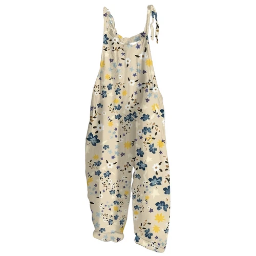 Damen Sommer Baumwolle Leinen Overall Blumendruck Freizeit Locker Retro Jumpsuit - Bild 13 von 51