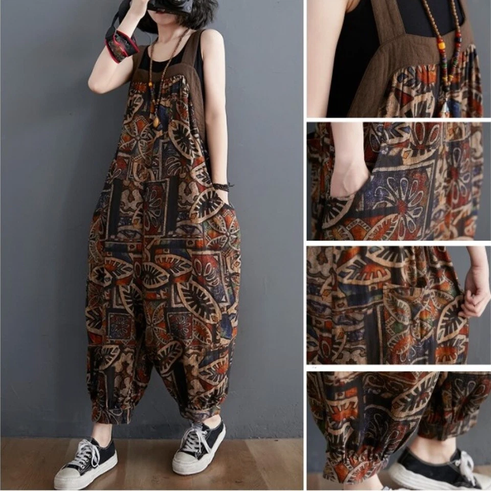 Femme Imprimé Floral Coton Salopette Combinaison Pantalon Baggy - Photo 2/4