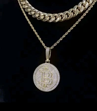 Iced CZ 14K Gold Plated Bling Round Bitcoin Pendant + 24" Chain Necklace