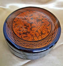 Vtg ROUND HAND CARVED Black & Red Lacquer BOX...