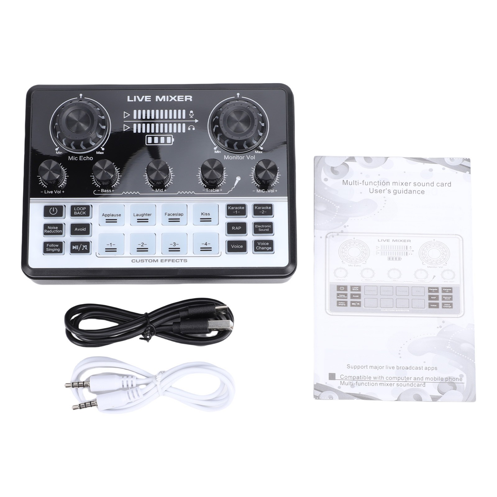 Live Streaming Sound Mixer Card Rechargeable Plug Play Bass Noise Reduction Game