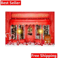 Red Christmas Photo Backdrop Santa's Toy Shop Candy Cane in Snow World Xmas F...