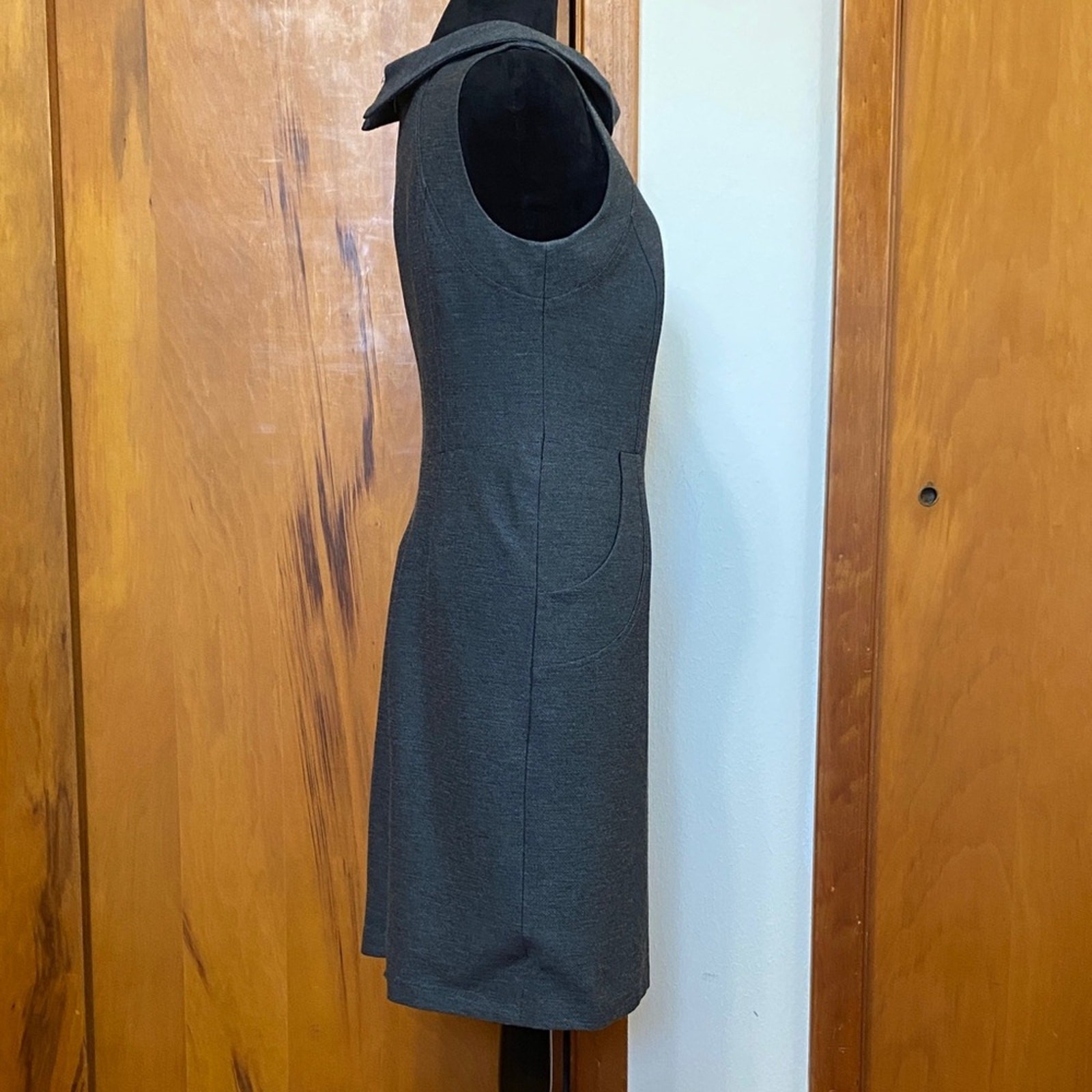 David Meister Gray Sleeveless Midi Dress Pockets Zip Back Office Workplace Fall