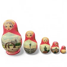 Set Of 5 Russian Nesting Matryoshka Dolls, Hand Painted Scenes from Kyrgyzstan