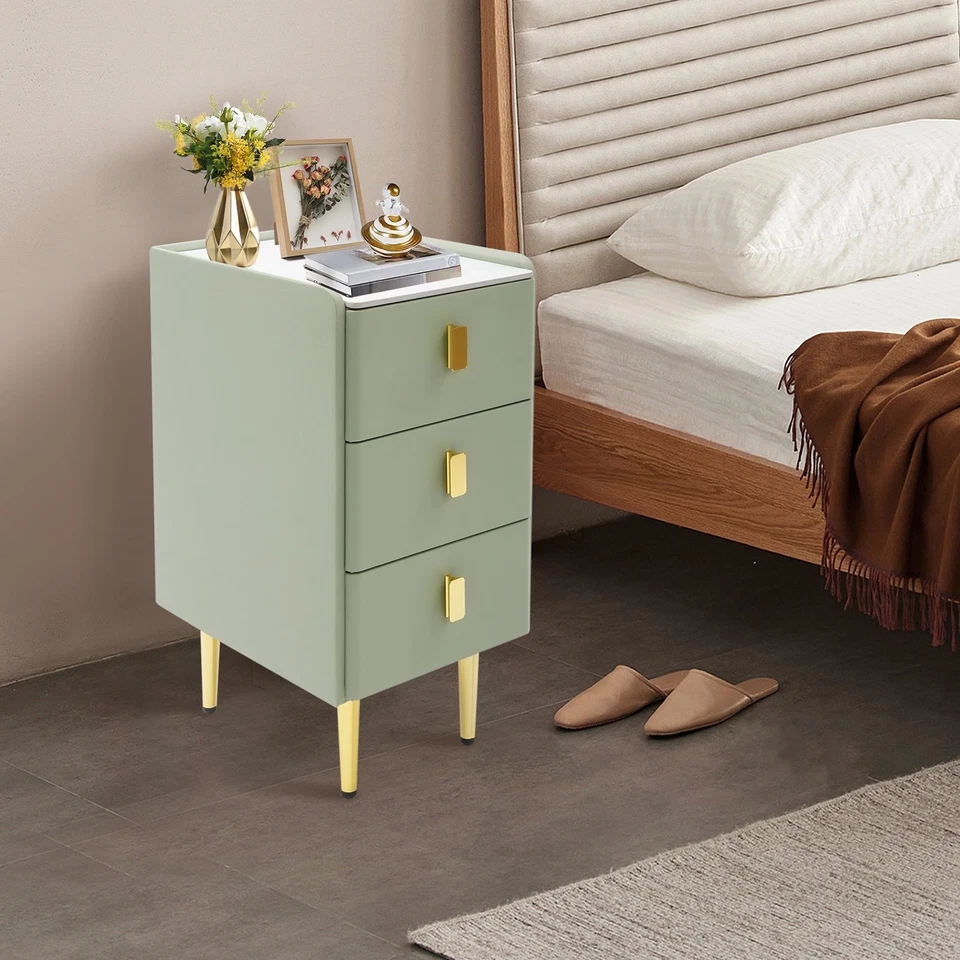 Mesita de noche - Mesita de noche estrecha de 3 cajones, losa de roca y cuero, verde/dorado Foto 2 de 4