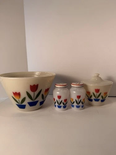 Vintage Fire King Bowl Set of 4, Salt & Pepper Shakers, and Grease Bowl