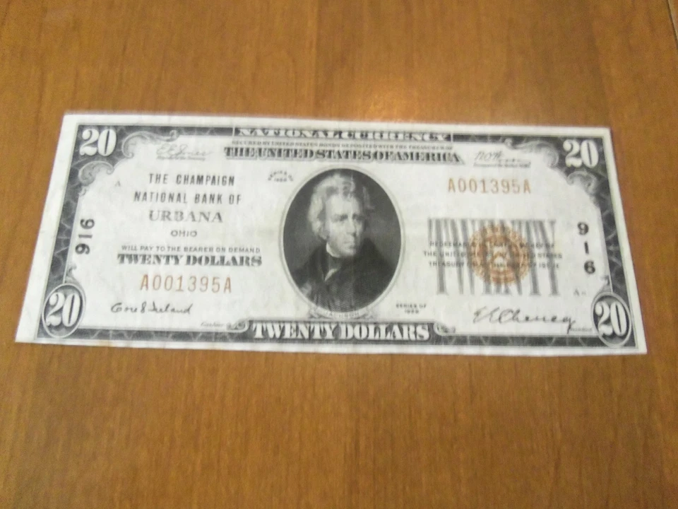 1929 $20, CHAMPAIGN NATIONAL BANK OF URBANA, OHIO CHARTER 916 - Image 3 of 3