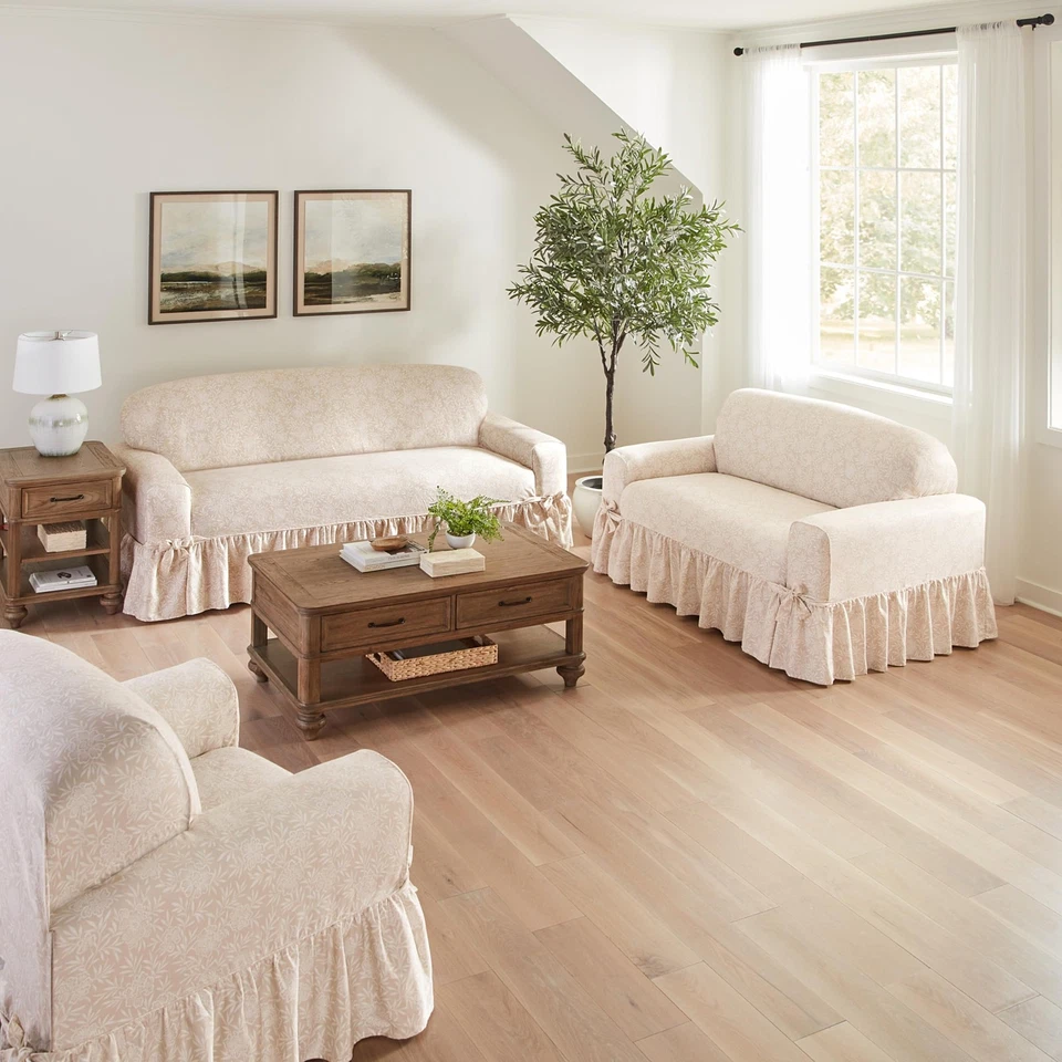 Fundas para silla Essential de sarga con volantes, funda para silla con estampado de algodón una... Foto 2 de 4