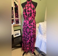 NWT Milly Maxi Dress Size 8 Medium Fuchsia Pink Black floral Halter tie NEW