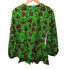 African Print Ankara Blouse Vibrant Green Pink Abstract Floral Cotton Ruffled S