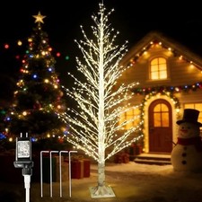 6FT White Lighted Birch Tree 1300Leds Warm White Lights, Xmas Twinkle Tree with