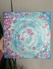 Ręcznie malowany obraz akrylowy – kręgi kwiatowe w kolorze turkusowo-różowym