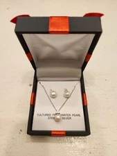 Cultured Freshwater Pearl Sterling Silver Necklace Earrings Set
