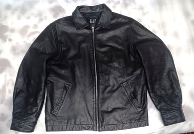 Vintage GAP Bomber Jacket Y2K Black Heavy Genuine Leather 112915 Size S