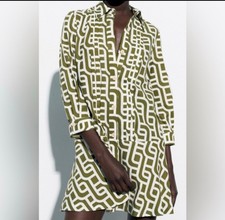Women's Zara Mini Dress Size L Green White Geometric Print