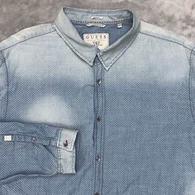 GUESS Shirt Men's 2XL Polkadot Long Sleeve Lightweight Denim Slim Sandblast Fade