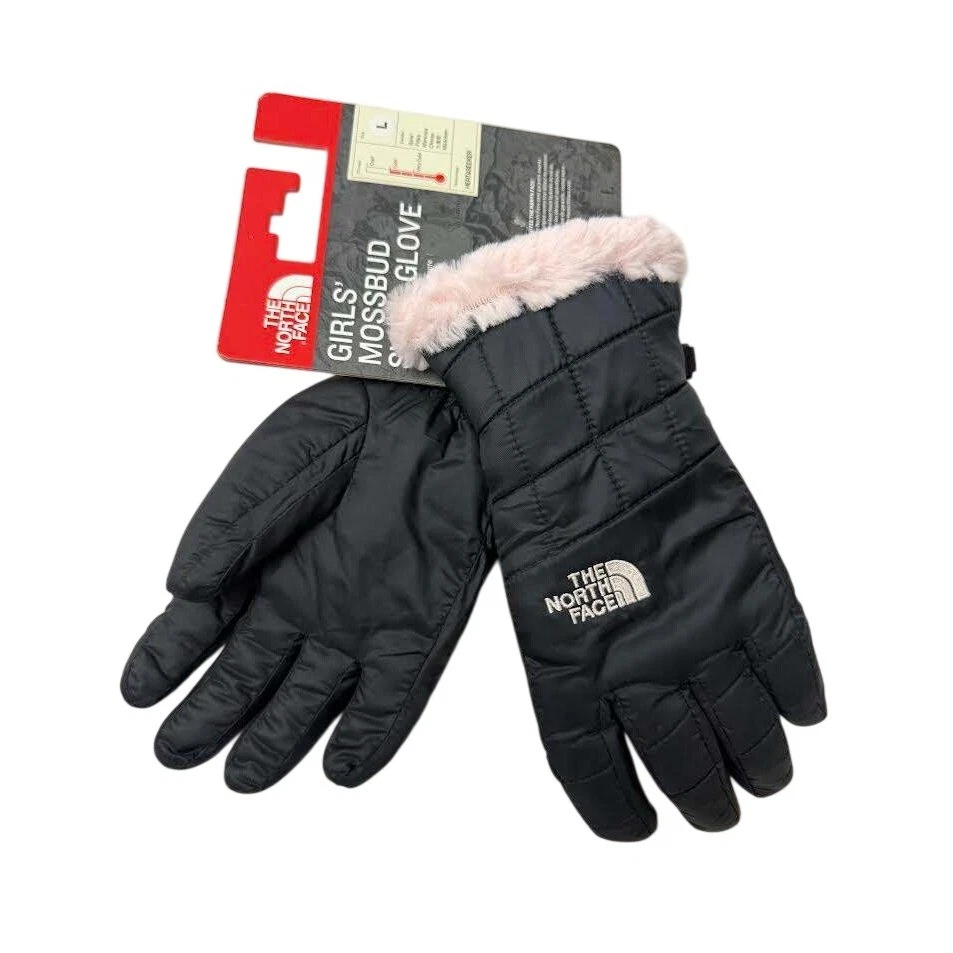 The North Face Mossbud Swirl Gloves Black Pink Faux Fur Lined Girls Large NWT