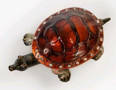 Brass Turtle Trinket Box Enamel Shell With Rhinestones Hinged 3