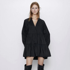 Zara Women's Taffeta Black V-neck Long Sleeve Mini Dress Sz XS Casual Minimalist