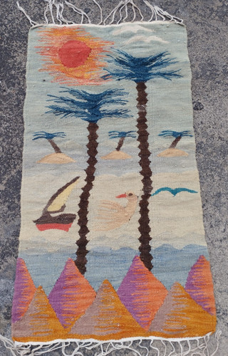 Vintage Traditional Oriental Egypt  Harraniya Multicolor Wool Kilim Rug 93x54 cm