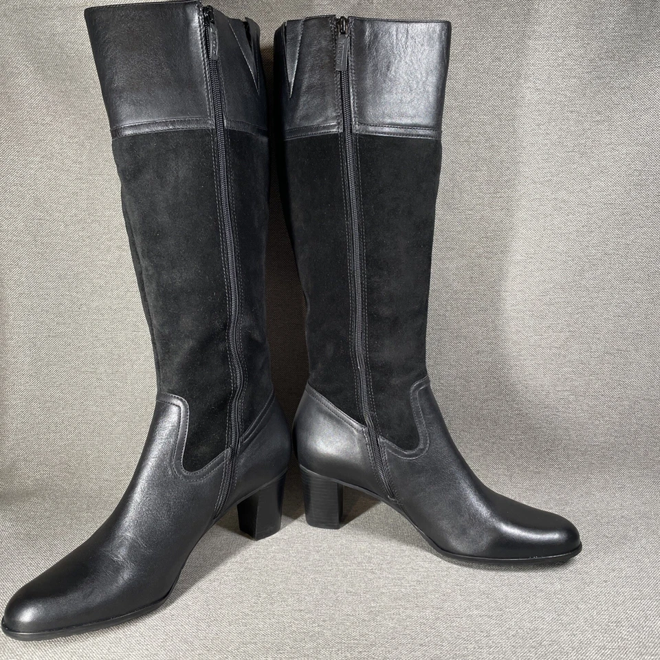 Talbots Tall Boots 6.5B Black Leather & Suede 2.5 Inch Heel Tiny Buckle Accent - Image 2 of 4