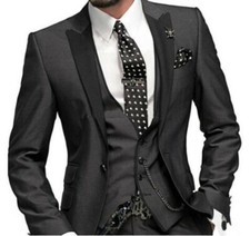 Custom Made Tailored BESPOKE Men suit,Charcoal Grey Groom Tuxedo with vest 