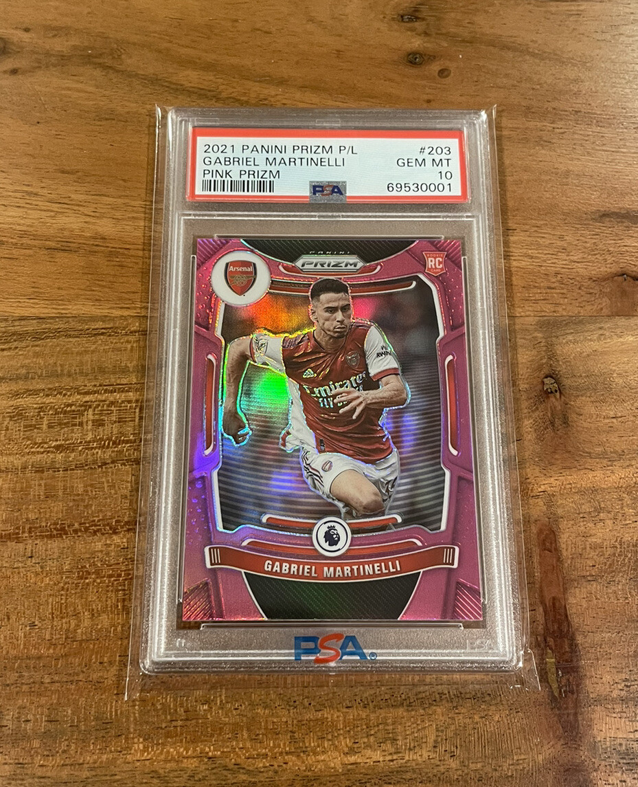 Gabriel Martinelli 2021-22 Panini Prizm EPL Pink Prizm PSA 10 Gem Mint Rookie RC