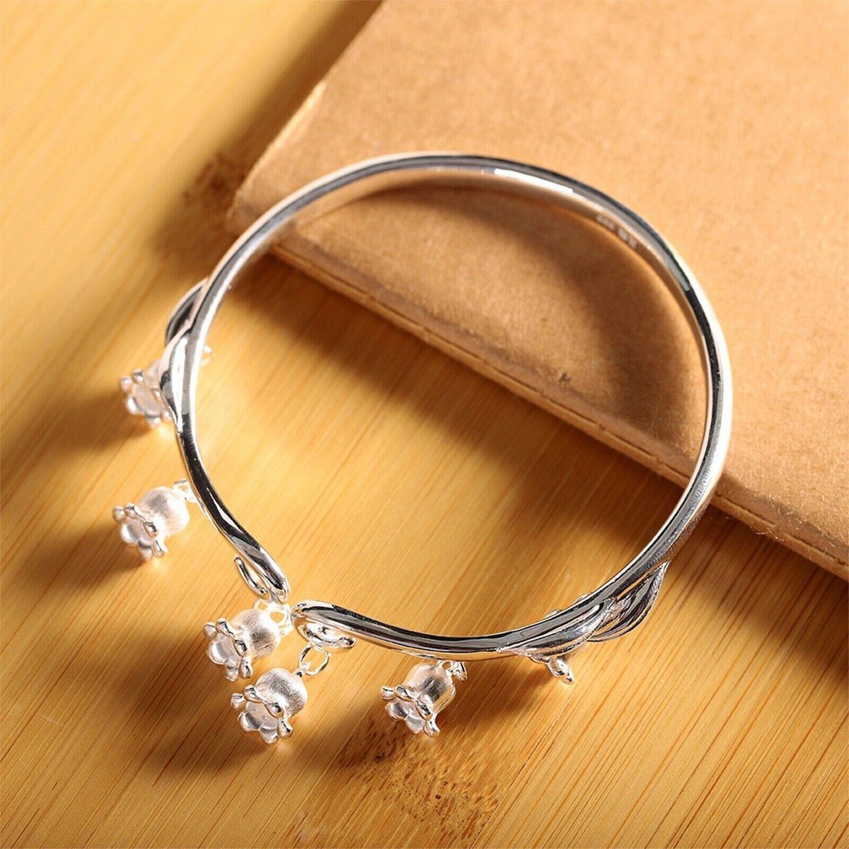 Pure 999 Fine Silver Bangle Women Lucky Bell Flower Tassel Cuff