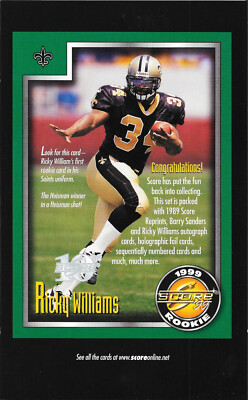 RICKY WILLIAMS NEW ORLEANS SAINTS SCORE ROOKIE 9X6'' ADD INSERT 1999 