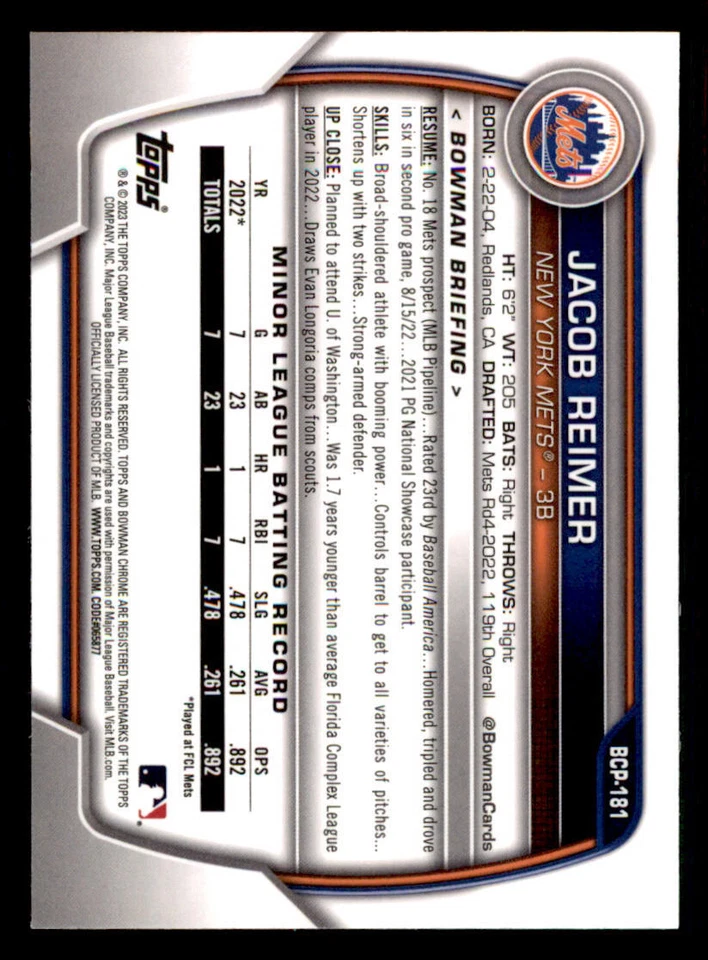 2023 Bowman Chrome Prospects #BCP181 Jacob Reimer - Image 2 of 2