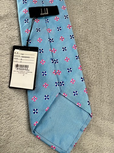 New DUNHILL 100% Silk Knit Tie Made in England Geometric Pink Navy Blue Pattern - Picture 6 of 7