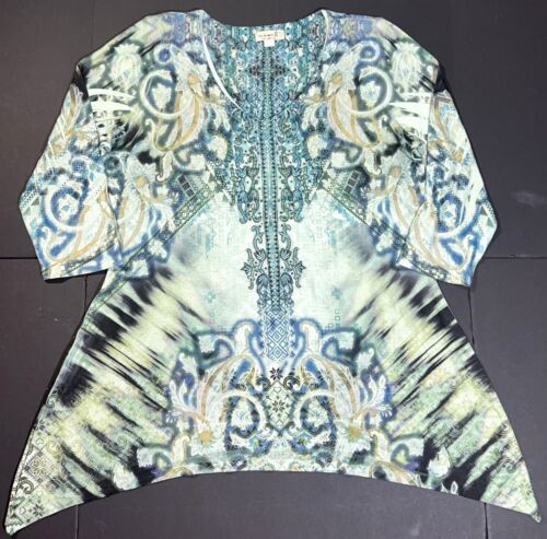 One World Live Let Live Green Paisley Art 3/4 Sleeve Sweater Blouse Shirt Top XL