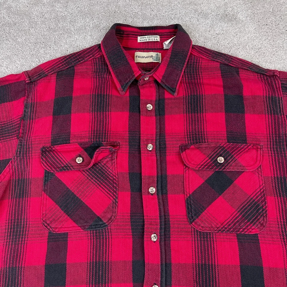 VINTAGE Fieldmaster Shirt Mens 2XL Tall Red Black Plaid Heavy Cotton Workwear - Image 2 of 4