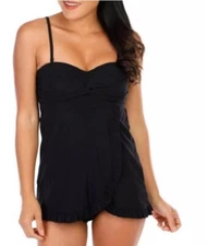 Beyond Control Solid Twist-Neck One-Piece Tankini Black Swim Dress Sz 8