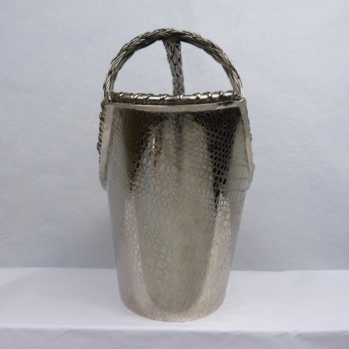 Handcrafted Silver Metal Wine Caddy Alligator Skin Texture Braided Handle India - Picture 4 of 9