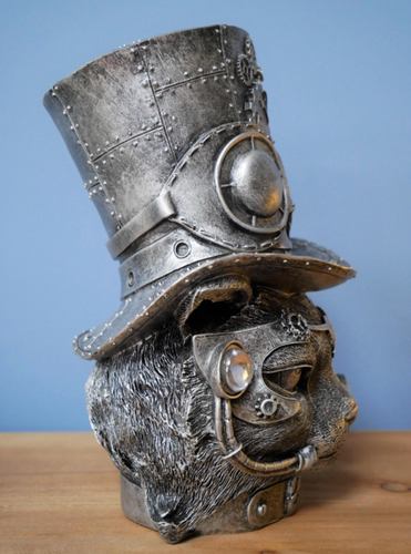 Steampunk Gothic Fantasy Themed Metallic Cat in Hat Decorative Ornament Statue - Picture 4 of 6