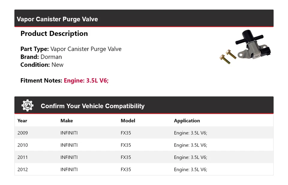 Válvula de purga de bote de vapor Dorman Infiniti FX35 2009-2012 3,5 L V6 2010 2011 Foto 2 de 4