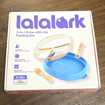 lalalark 3-in-1 Grow-with-Me Feeding Set Plate Spoon Fork Blue BPA-Free 6-36M