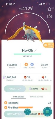 Pokemon Go Shiny Legendary Ho-Oh ( High CP ) 
