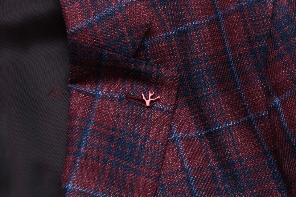 Isaia Napoli Maroon Sport Coat Linen Silk Wool Windowpane Sport Coar 44R - Image 3 of 4