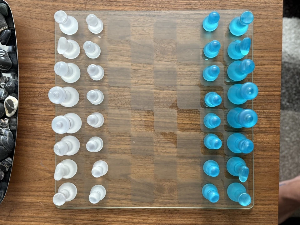 Modern Classics Extra Large Game Board & Pieces Glass Chess Set Blue & White - Image 3 of 4