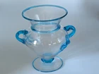 Steuben Mat-su-no-ke  Art Glass Vase Clear w/ Cleste Blue Handles & Lip Wrap NR