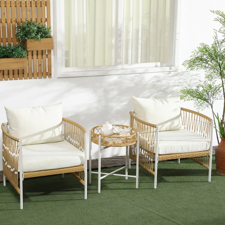 3er Set Rattan Gartenmöbel-Set, Gartengarnitur mit 2 Gartenstühle, Beistelltisch - Bild 3 von 4