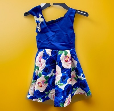 Girls Blue Floral Dress Size 4   Elegant Party / Flower Dress with Bow & Pearls