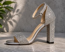 BETSEY JOHNSON SB-RINA RHINESTONE HEELS SILVER CRYSTAL SANDALS SIZE 9.5