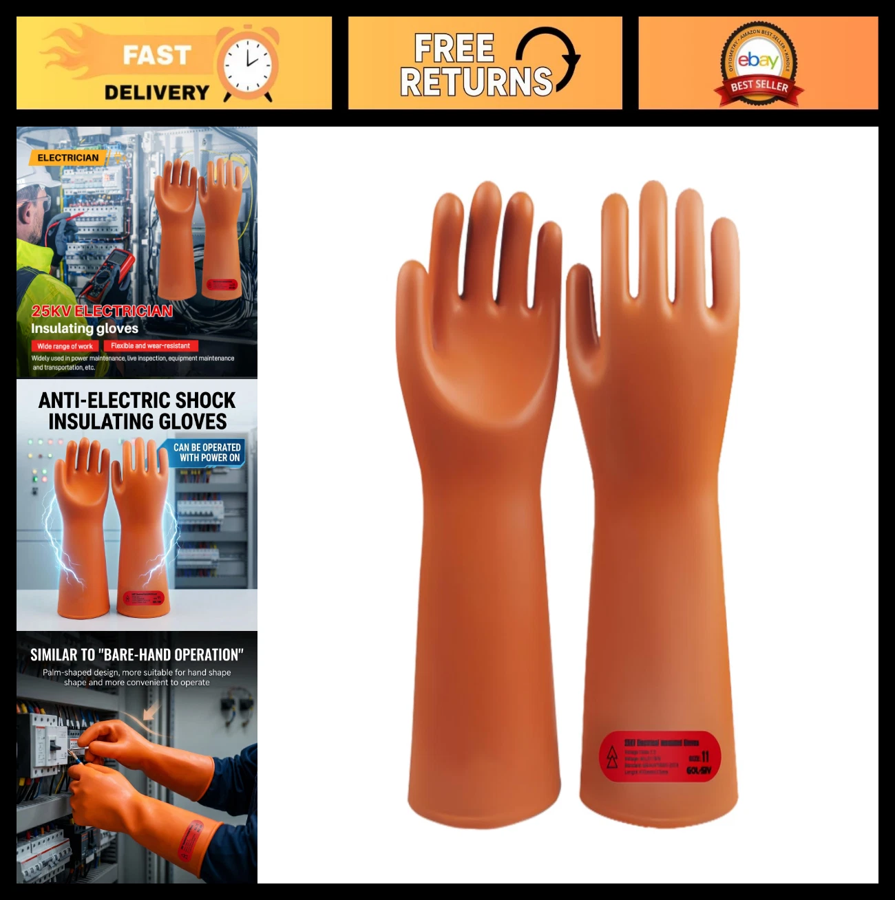 High Voltage Insulated Gloves - Class 2 ASTM Compliant, 21750V AC Safety Gear
Opens in a new window