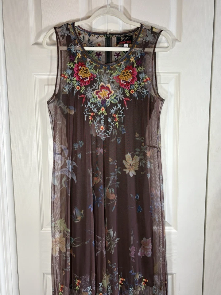 Maxi Vestido Johnny Was Hermoso Bordado LIYLAY Estampado Malla con Slip Multi Lg Foto 2 de 4