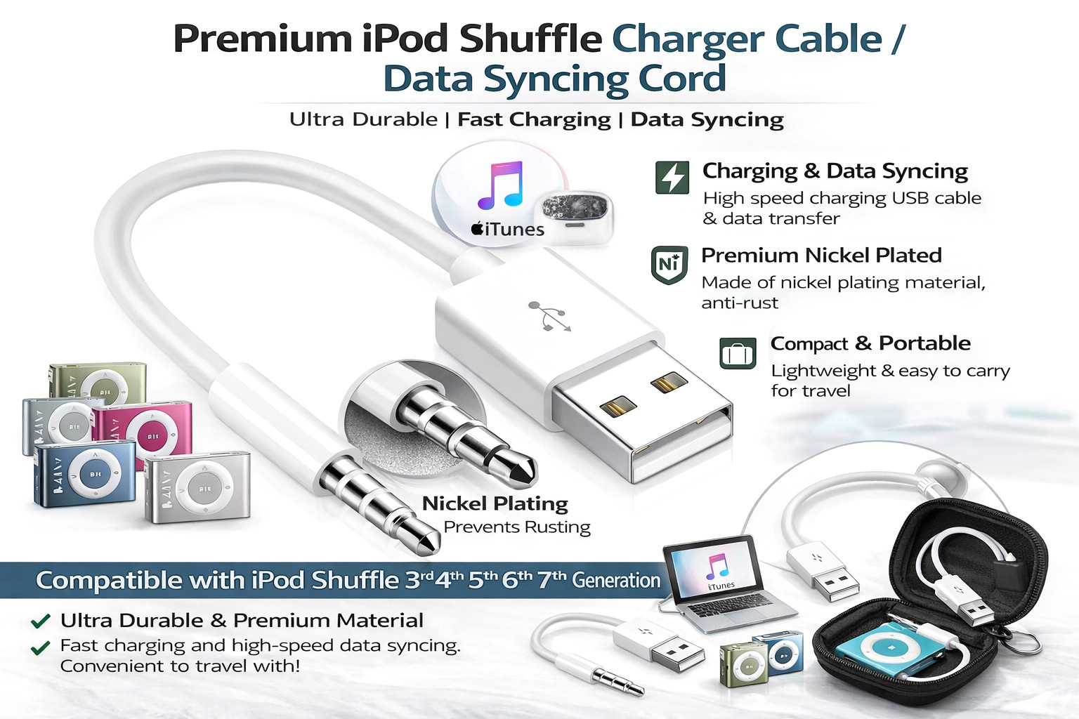 USB Charger Data SYNC Cable for Apple iPod Shuffle 3rd 4th 5